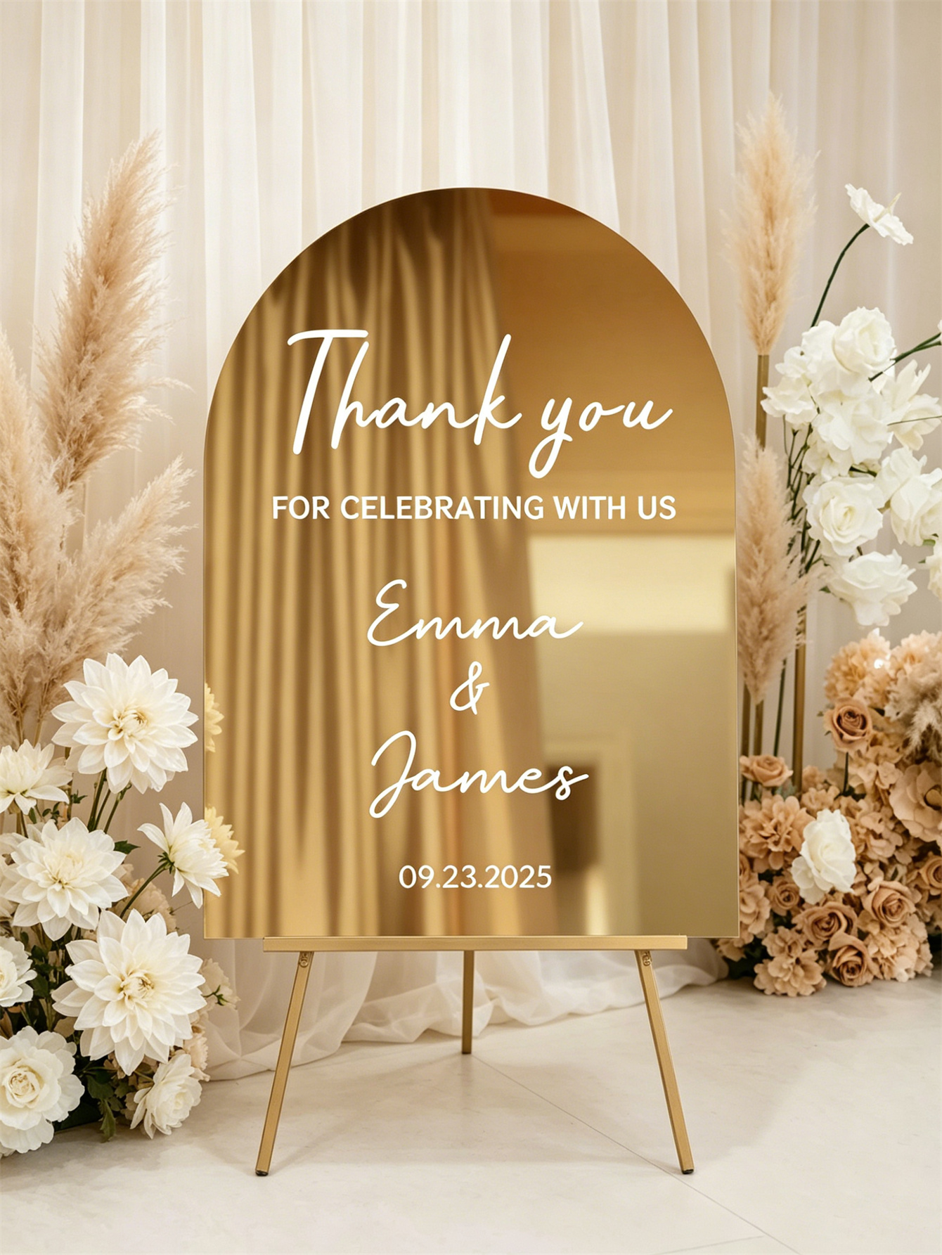 Mirror acrylic welcome signs, golden mirror wedding direction signs, custom wedding direction signs, ceremony welcome signs